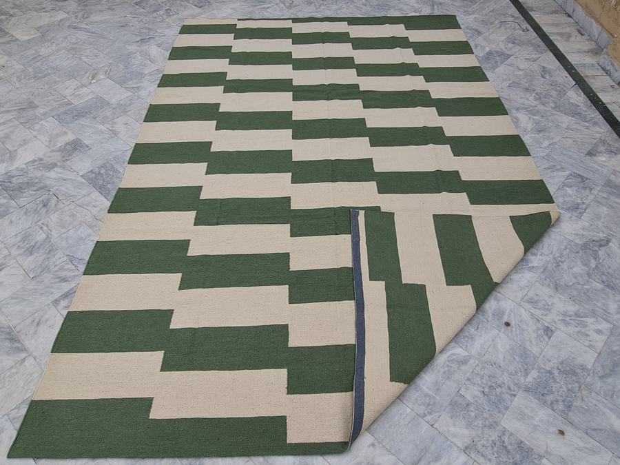 Custom flatweave kilim rug in green and white, handwoven in any size or colour