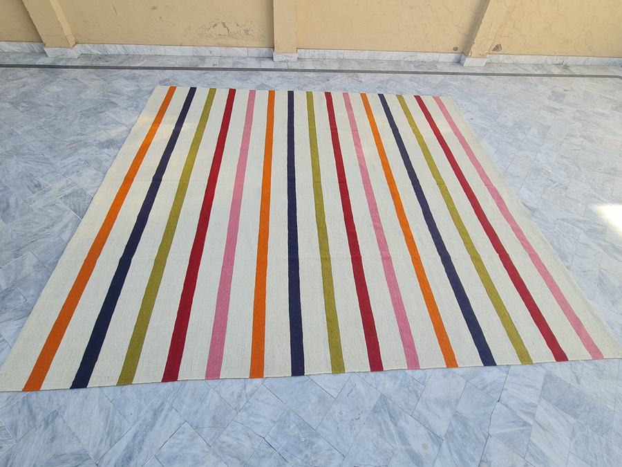 Custom flatweave kilim rug with a multicolor and striped design, handwoven in any size or colour