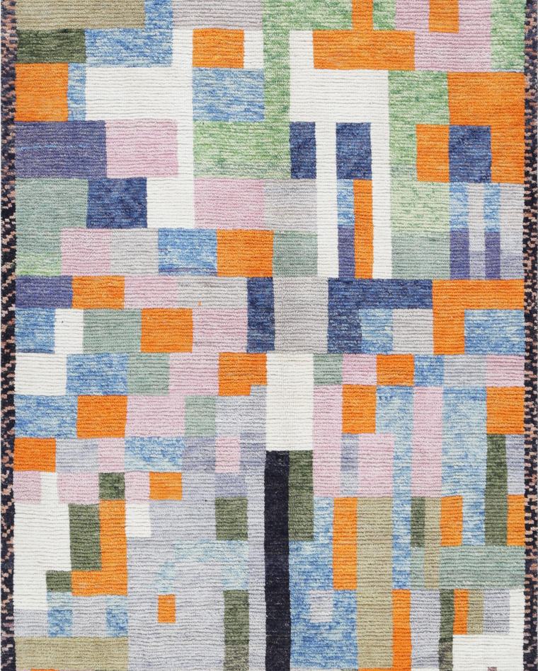 Hand-knotted wool rug in beige and purple, 273 × 181 cm, made to the customer's measurements