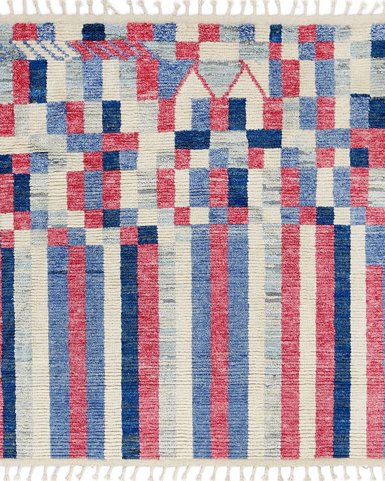 Hand-knotted wool rug in beige and teal, 167 × 161 cm, handwoven on our own looms