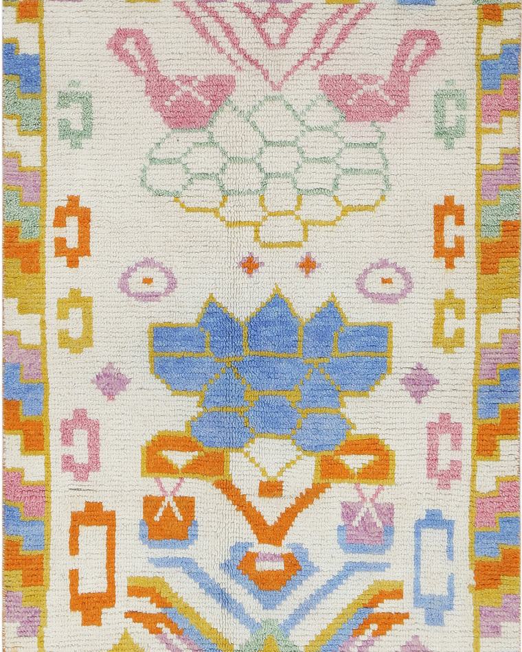 Hand-knotted wool rug in cream and sky blue, 196 × 121 cm, handwoven on our own looms