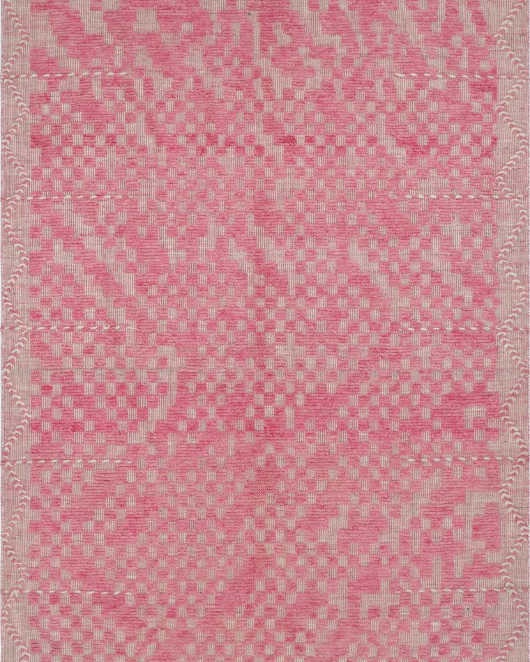 Custom hand-knotted wool rug in pink measuring 286 × 180 cm