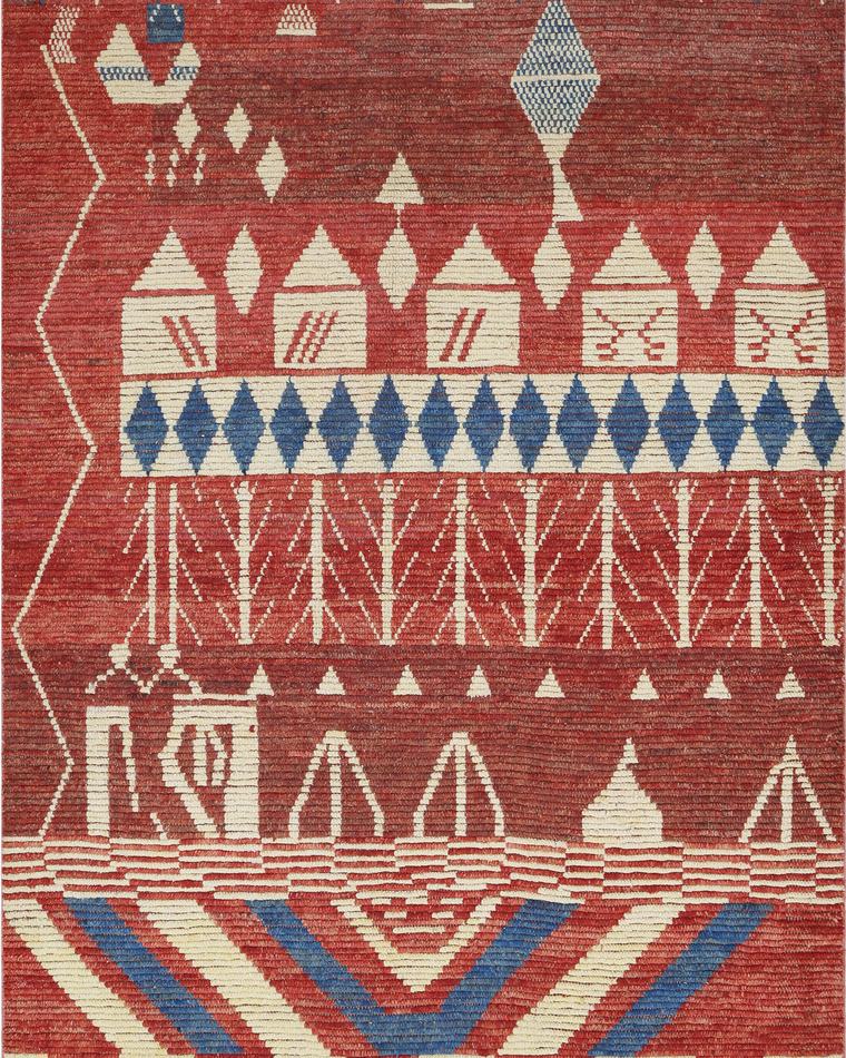 Hand-knotted wool rug in rust and beige, 280 × 183 cm, woven in our Lahore workshop