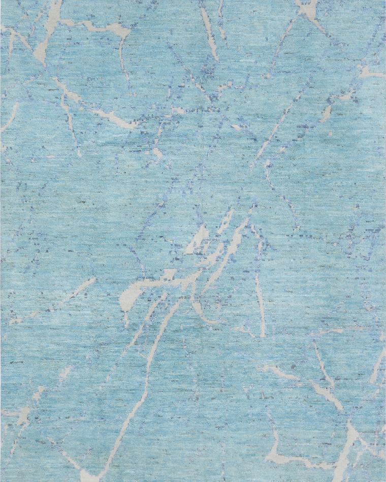 Hand-knotted wool rug in sky blue and blue, 369 × 277 cm, made to the customer's measurements