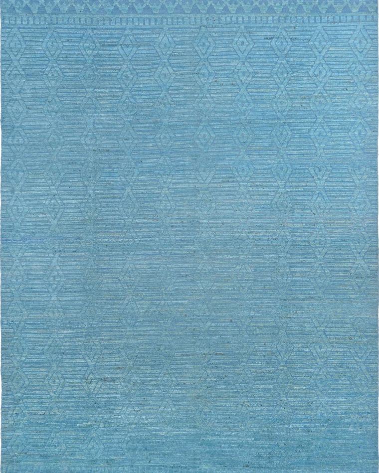 Hand-knotted wool rug in sky blue and blue, 493 × 308 cm, woven in our Lahore workshop