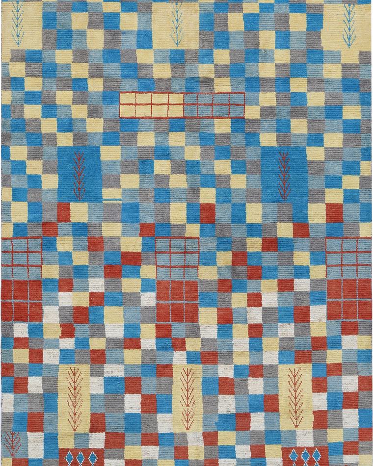 Hand-knotted wool rug in teal and sand, 321 × 200 cm, woven to order