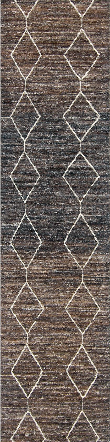 Handwoven runner rug in brown and olive, 542 × 90 cm, made to the customer's measurements