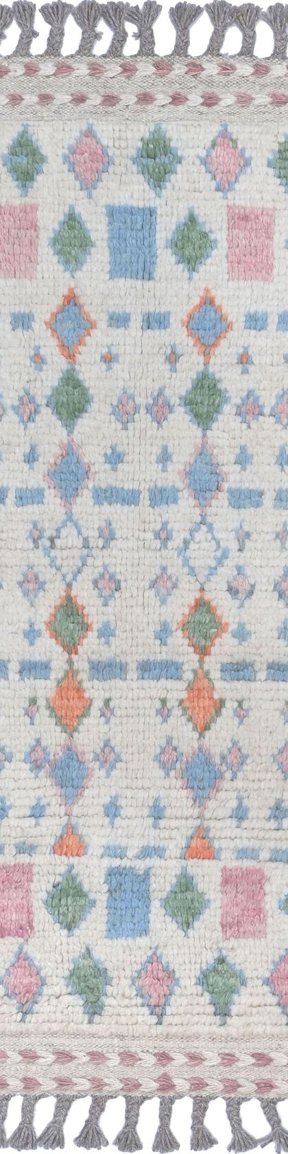 Handwoven runner rug in cream and sky blue, 730 × 74 cm, woven to order