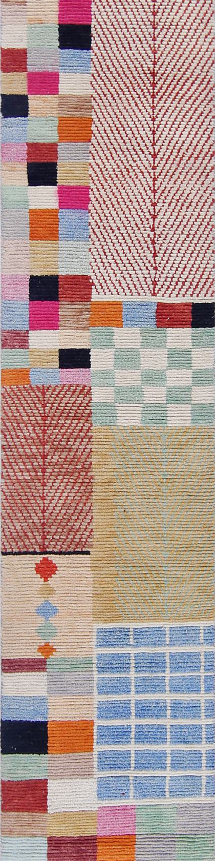 Handwoven runner rug in sand and sky blue, 430 × 80 cm, woven in our Lahore workshop