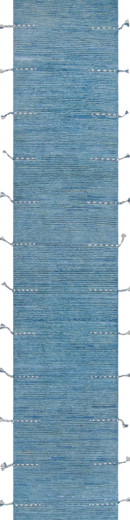 Handwoven runner rug in teal and sky blue, 488 × 76 cm, handwoven on our own looms