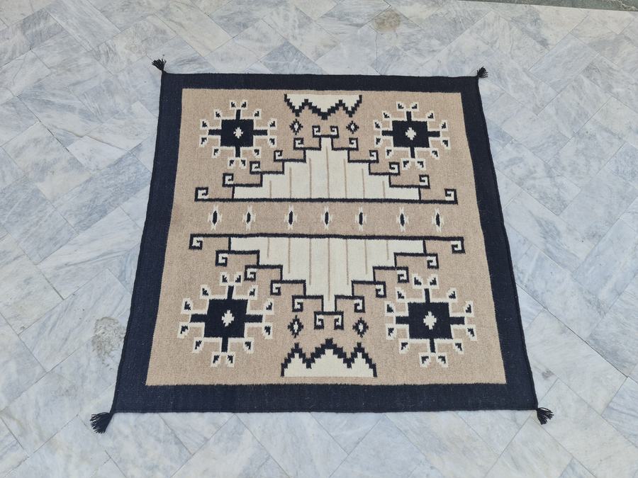Southwestern flatweave rug in grey and black, handwoven on our own looms