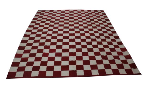 Red and White Checkered Flatweave Wool Rug for Living Spaces - Image 2