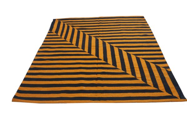 Black and Orange Striped Flatweave Wool Rug for Living Spaces