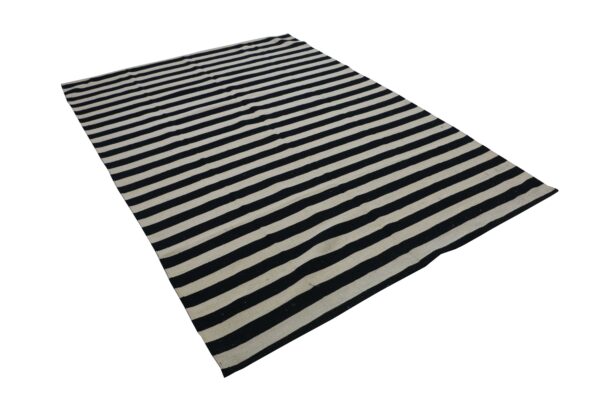 Black and White Striped Flatweave Wool Rug for Living Spaces