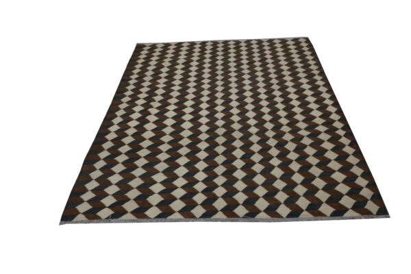 White, Brown, and Multicolor Geometric Flatweave Wool Rug - Image 2