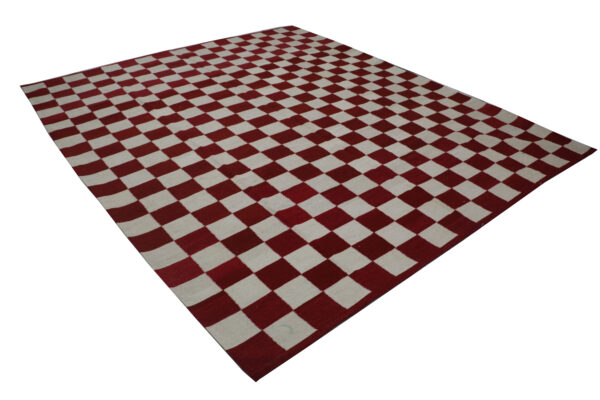 Red and White Checkered Flatweave Wool Rug for Living Spaces