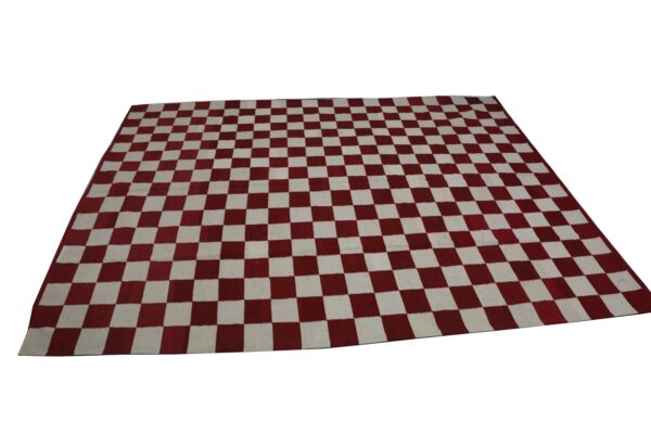 Red and White Checkered Flatweave Wool Rug for Living Spaces - Image 3