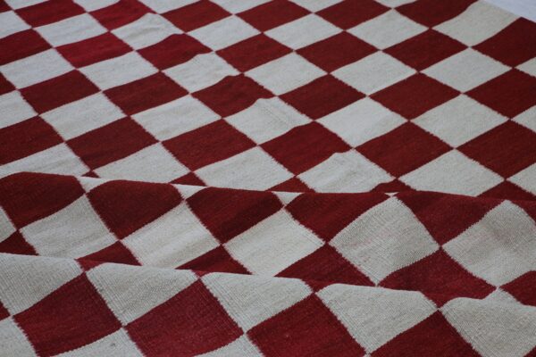 Red and White Checkered Flatweave Wool Rug for Living Spaces - Image 8