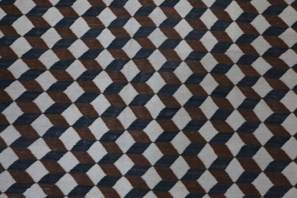 White, Brown, and Multicolor Geometric Flatweave Wool Rug - Image 3