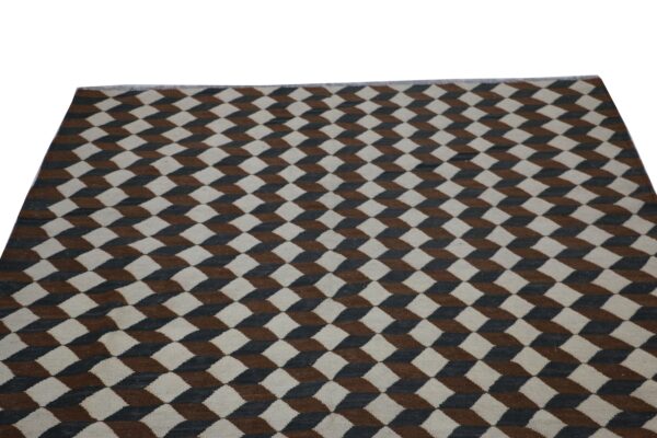 White, Brown, and Multicolor Geometric Flatweave Wool Rug - Image 4