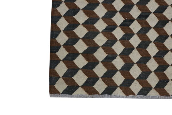 White, Brown, and Multicolor Geometric Flatweave Wool Rug - Image 5