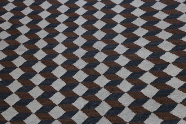 White, Brown, and Multicolor Geometric Flatweave Wool Rug - Image 6