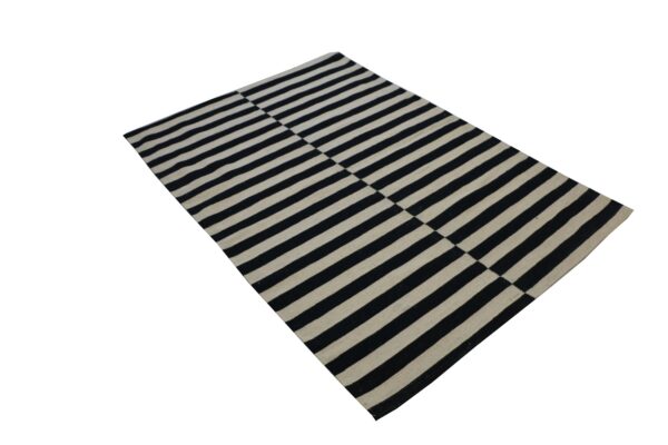 Soft and Stylish Black and White Striped Flatweave Wool Rug for bedroom