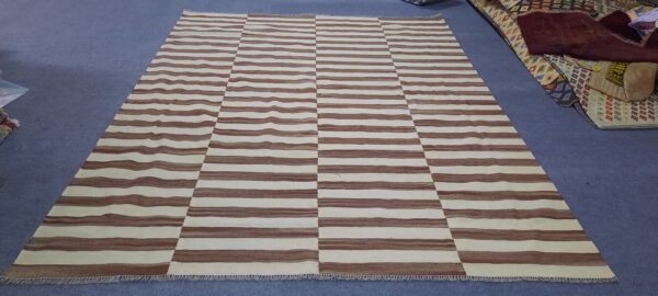 Brown and White Striped Flatweave Wool Rug