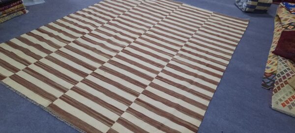 Brown and White Striped Flatweave Wool Rug - Image 4