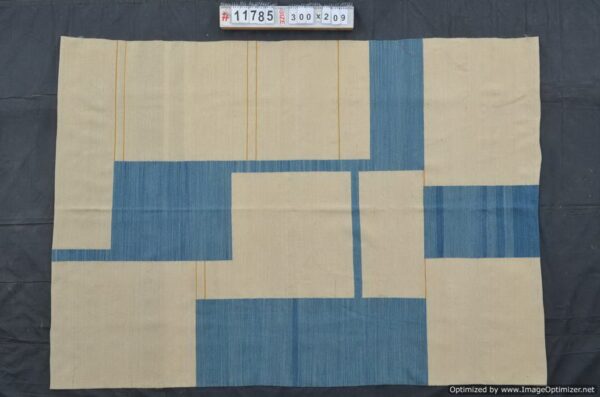 Blue and White Geometric Flatweave Wool Rug