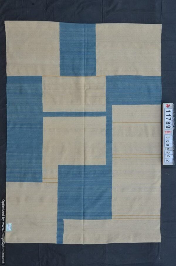 Blue and White Geometric Flatweave Wool Rug - Image 2