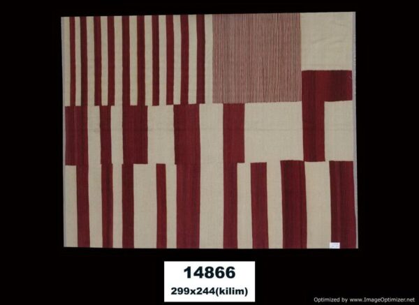 Red and White Striped Flatweave Wool Rug - Image 2