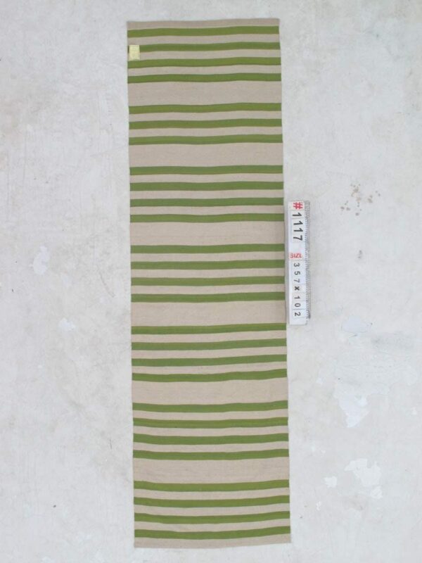 Green and White Striped Flatweave Wool Runner