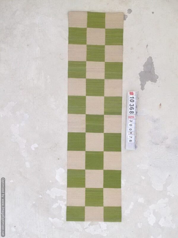 Green and White Checkered Flatweave Wool Runner - Image 6