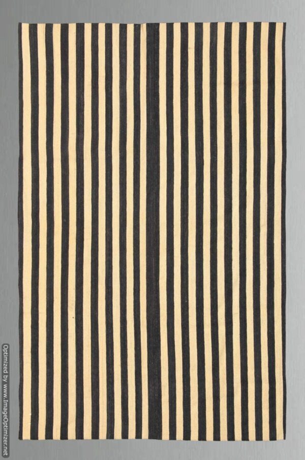 Black and Beige Striped Flatweave Wool Rug - Image 2