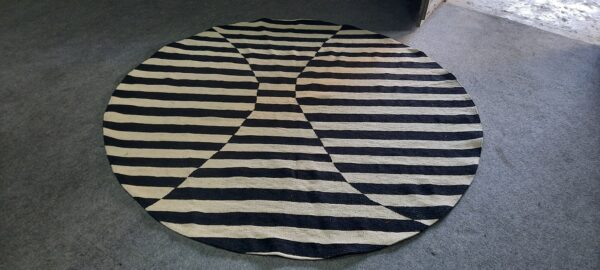 Black and White Striped Flatweave Wool Round Rug - Image 2