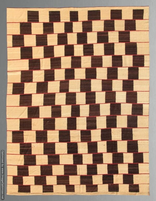 Brown and Beige Checkered Flatweave Wool Rug - Image 3