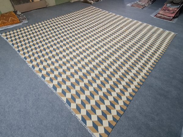 Beige and Brown Geometric Flatweave Wool Rug - Image 2