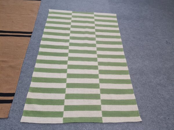 Green and White Striped Flatweave Wool Runner - Image 3