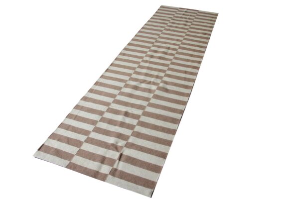 Brown and White Striped Flatweave Wool Runner - Image 2