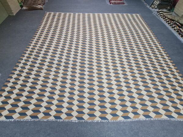 Beige and Brown Geometric Flatweave Wool Rug