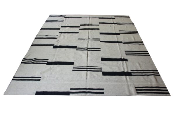 Low-Maintenance Black and White Striped Flatweave Wool Rug