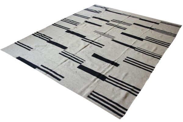 Low-Maintenance Black and White Striped Flatweave Wool Rug - Image 2