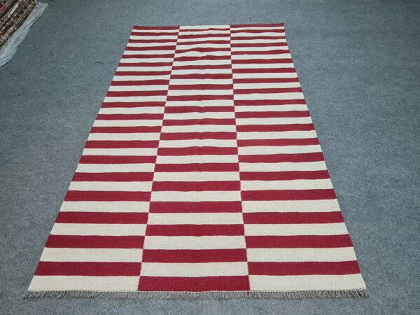 Red and White Striped Flatweave Wool Kilim for Modern Homes - Image 2