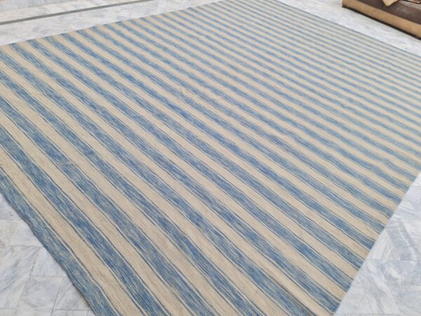 Blue and Grey Striped Flatweave Wool Rug - Image 3