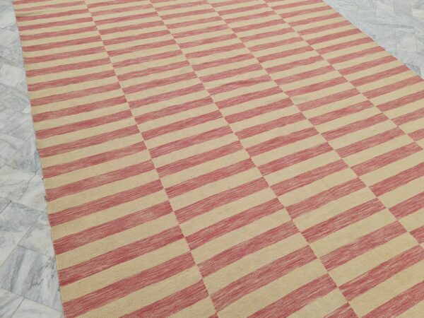 Pink and Beige Striped Flatweave Wool Rug - Image 3