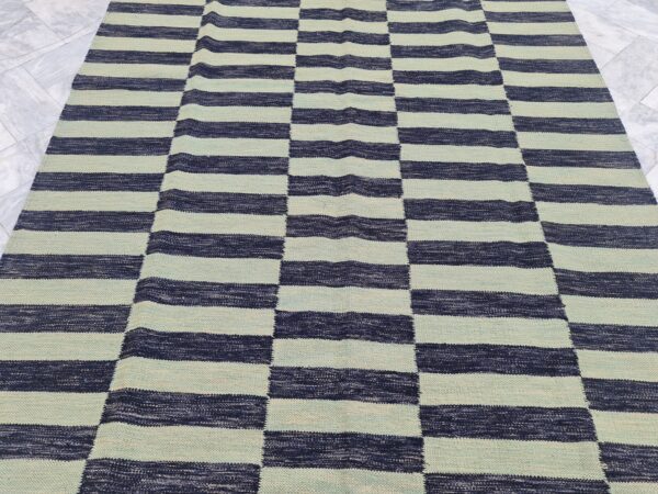 Black and Green Striped Flatweave Wool Rug - Image 7