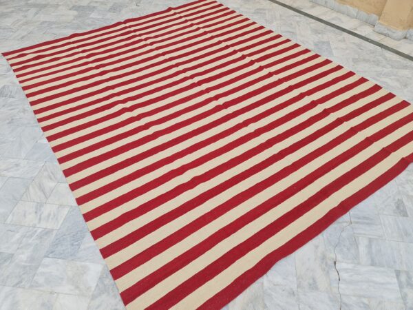 Red and White Striped Flatweave Wool Rug