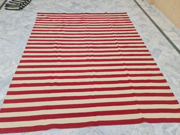 Red and White Striped Flatweave Wool Rug - Image 2