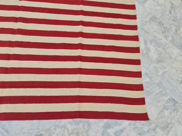 Red and White Striped Flatweave Wool Rug - Image 3